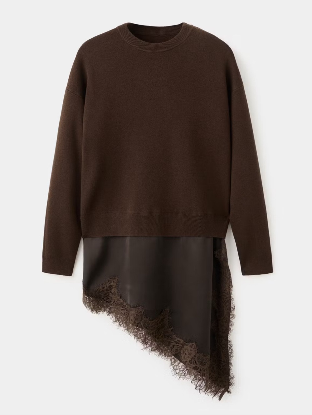 NWT Mango Brown Asymmetric Lace-Hem Sweater